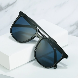 Fashionable square black sunglasses with double bridge and dark blue tinted lenses