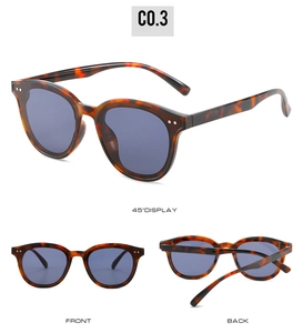 Drei-Ansichten-Display einer Vintage-Schildpatt-Sonnenbrille mit grauen Gläsern und Nieten