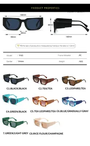 Size guide for retro square sunglasses showing frame dimensions and technical specifications