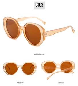 Detailed views of peach orange oval sunglasses with brown lenses and hinge structure