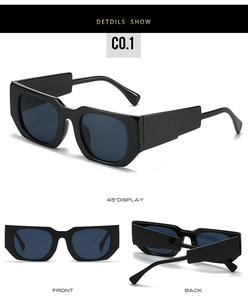 Front and 45-degree angle views of retro thick frame sunglasses with deep blue lenses