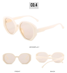Three-angle display of oval cream sunglasses with light brown tinted lenses