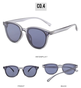 Drei-Ansichten-Display der grauen Retro-Sonnenbrille mit Metallnieten und blau-grauen Gläsern