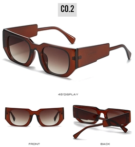 Detailed views of geometric brown sunglasses showing front, back and 45-degree angled frames
