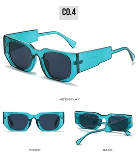 Detailed views of teal translucent square sunglasses with dark lenses and thick frames