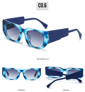 Detailed multi-angle views of square marbled blue sunglasses with gradient lenses