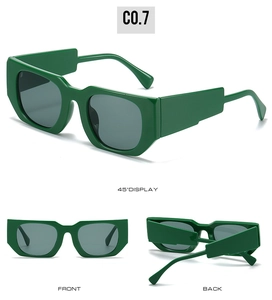 Three-angle views of forest green square hip-hop sunglasses with dark gray lenses
