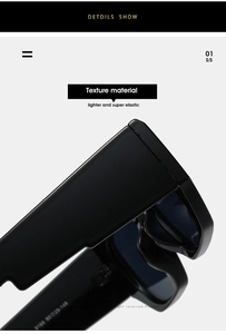 Detail shot of black thick-frame sunglasses temple showing 9165 model specifications