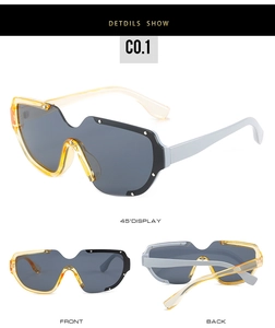 Vue détaillée de lunettes de soleil à monture large avec rivets et cadre PC tricolore