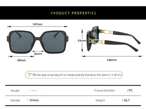 Detailed size chart for retro square sunglasses with PC frame and gold chain decor