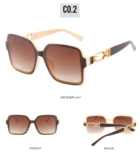 Three-angle view of square oversized sunglasses with beige brown frame and gold chain hinge