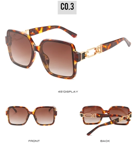 Tortoiseshell square sunglasses with gold chain temples shown from multiple angles