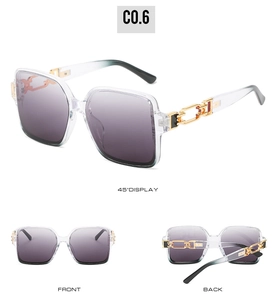 Three-angle views of square sunglasses featuring gradient lenses and gold chain temples
