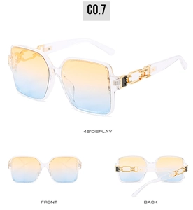 Detail view of square sunglasses with blue-orange gradient lenses and gold chain temples