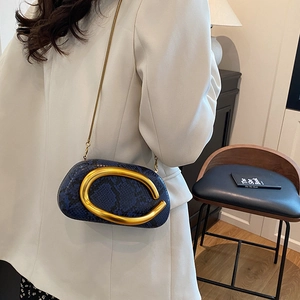 Detail showing blue snakeskin pattern bag with large gold metal ring and chain strap