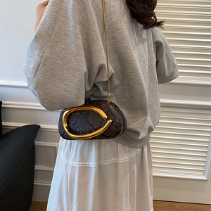 Detail of vintage faux snakeskin mini bag with large gold C-buckle and chain strap
