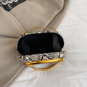 Macro detail of snakeskin pattern clutch bag with gold handle and black lining