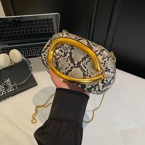 Chic snake-print evening box bag with golden U-shaped handle and sleek chain strap