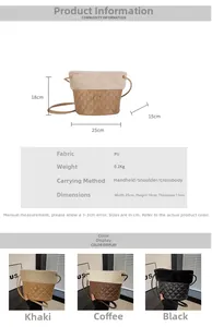 Detailed size chart and specifications for the quilted plush bucket bag showing dimensions
