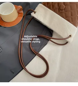 Detail of vintage quilted brown crossbody bag with plush faux fur trim and adjustable strap