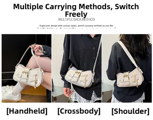 Detail of off-white multi-pocket bag showing crossbody, shoulder, and hand-carry styles