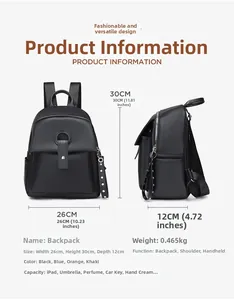 Detailed dimensions of a black litchi pattern leather backpack with metal ring buckle