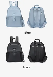 Detail view of lychee texture backpacks in blue and black with secure anti-theft pockets