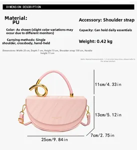 Detailed size parameters of pink PU leather saddle bag with golden top handle