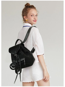 Detail of minimalist black backpack with contrasting smiley charm and mixed textures