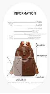 Detailed size chart and specifications for the brown retro PU leather backpack