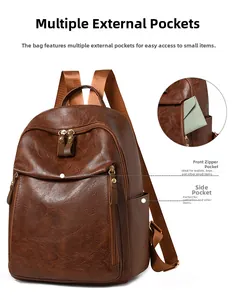 Detail view of brown vintage PU leather backpack showing side pockets and zipper storage