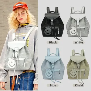 Collage of four textured pleated backpacks in black, white, blue and khaki colors
