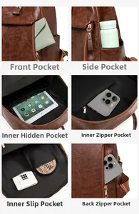 Detailed view of brown vintage leather backpack with six functional storage compartments