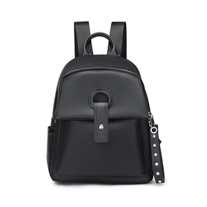 Black lychee textured leather backpack for women with silver hardware and large capacity