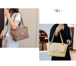 Lifestyle view of woven tote bags in brown and beige with leather handles and large capacity