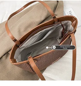 Detail view of woven tote bag internal structure with herringbone lining and zip pocket