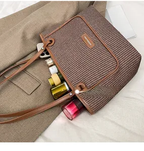 Interior view showing the large capacity of a woven tote bag for daily essentials