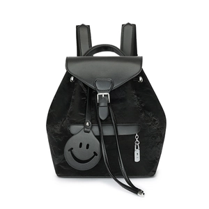 Classic black vintage smiley backpack for women with matte pleated texture and metal lock