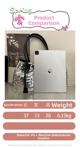 Silver sequin tote bag showing size 37x13x20cm compared to an iPad Pro for scale