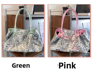 Detail view of green and pink sequined tote bags with shiny metallic square patterns