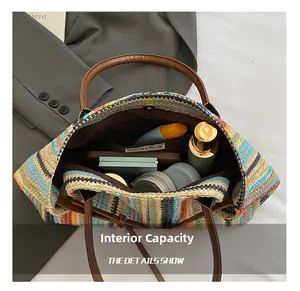 Detail view of large capacity woven tote interior with phone and cosmetics storage