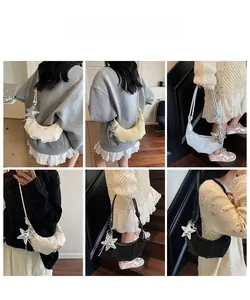 Collage of crescent shoulder bags with star pendants in ivory, yellow, blue, and black