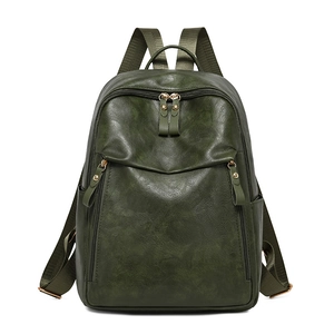 Retro dark green PU leather backpack for women with gold hardware and side pockets