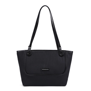 Minimalist black woven texture tote bag with leather handles for women's daily commute
