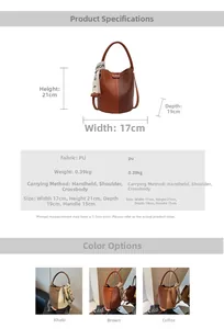 Detailed view of PU leather bucket bag features with weight and dimension specifications