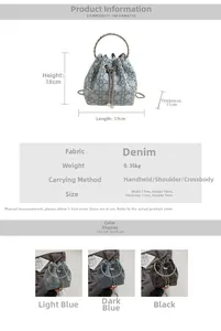 Tableau de tailles détaillé du sac seau en denim avec poignées et texture matelassée