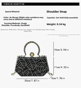 Detailed size chart for rhinestone evening bag with chain strap and pearl handle dimensions