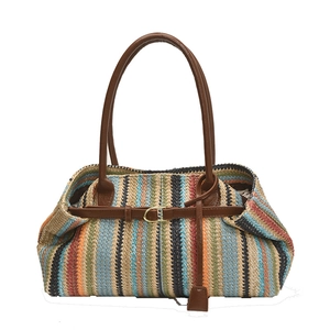 Chic multi-color striped woven tote bag with premium leather handles and metal buckle