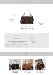 Detailed size chart for retro crossbody bag showing dimensions 20x14x8cm and PU material