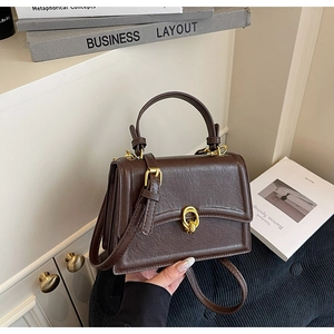 Detailed view of dark brown vintage small square bag with golden metallic twist lock